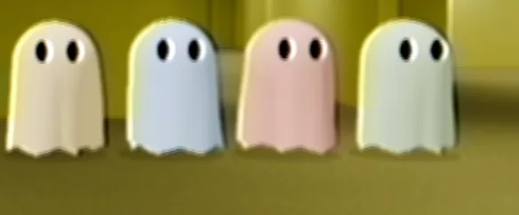 Four cloth ghosts side by side: cream, pale blue, pink and pale green, each with two dark eyes.