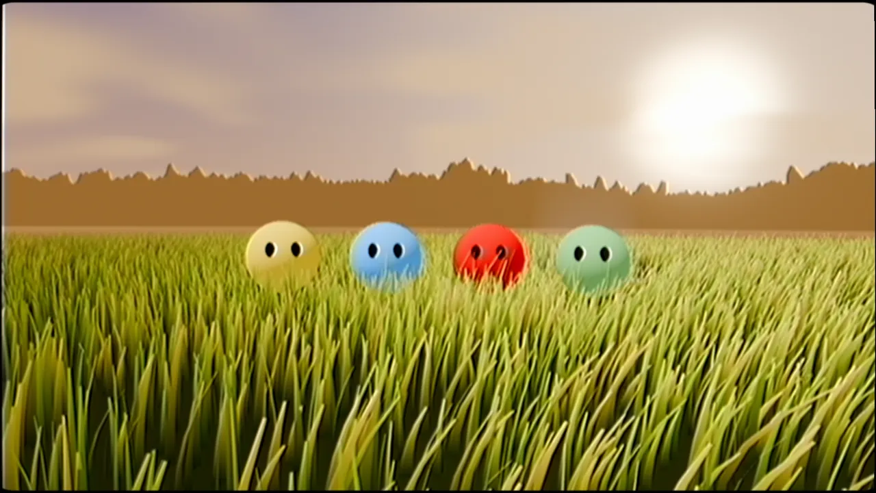 A frame from a worn VHS tape: four round characters in yellow, blue, red and green wait in a field of long grass under a low sun.