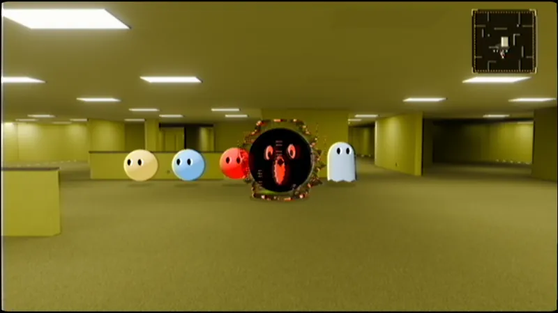 The Hollow mid-lunge: a black sphere whose face has turned red, its jagged vertical mouth open, tearing the picture around it as it passes the runners.