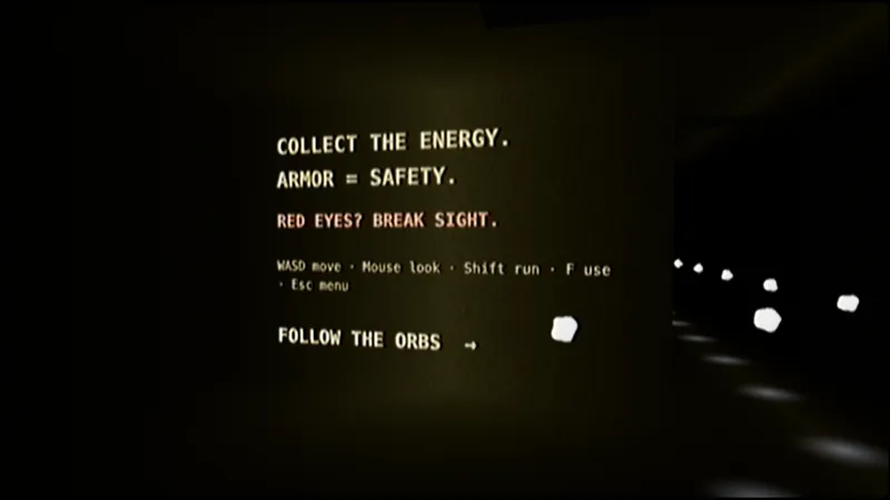 Instructions on the wall of a dark room, and a trail of glowing white energy orbs leading away through a doorway.